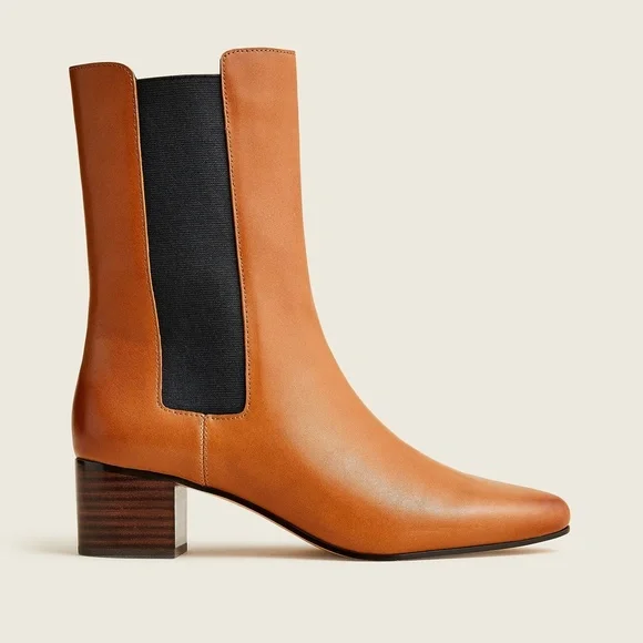 New JCREW Leather High-Shaft Stacked-Heel Boots Rich Caramel - Picture 2 of 8